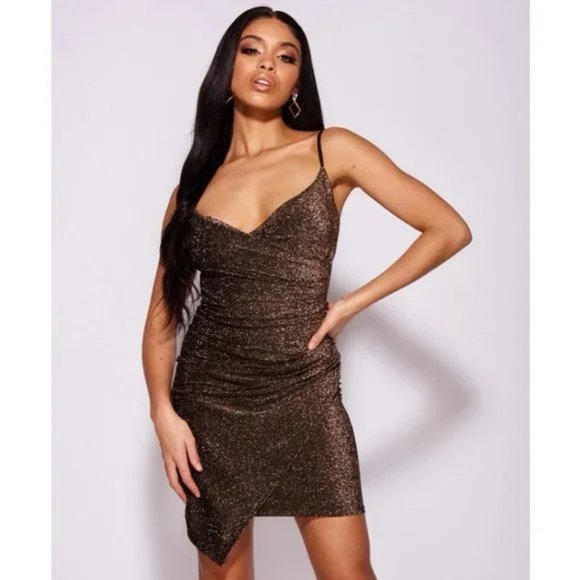 Metallic Glitter Sleeveless V-Neck Ruched Wrap Bodycon Mini Dress - Picture 10 of 13